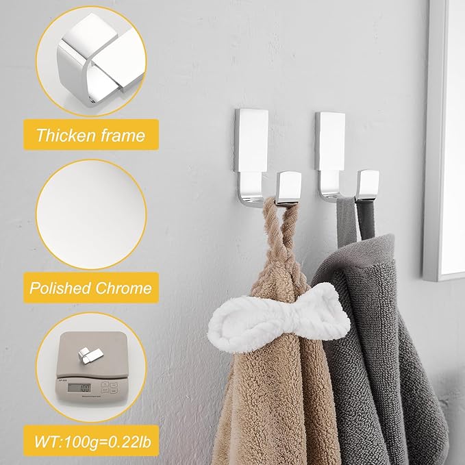 BESy Brass Clothes Hook Single Towel Hook for Bathroom Kitchen Garage Square Style Robe Hooks Coat and Hat Hook, Wall Mounted with Screws, Polished Chrome