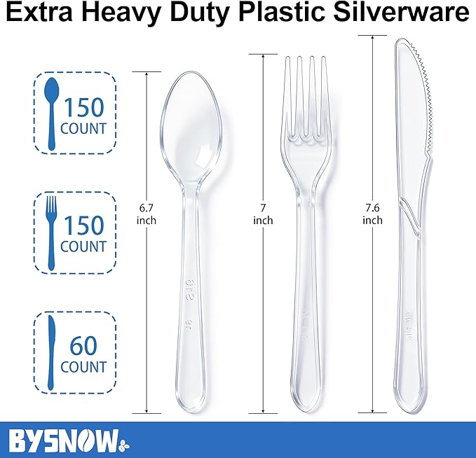 BYSNOW 360 Count Extra Heavy Duty Plastic Silverware, BPA-Free, Heat Resistant, Disposable Clear Plastic Utensils Set, Plastic Cutlery Set, Plasticware Bulk for Parties, Events and Everyday Use