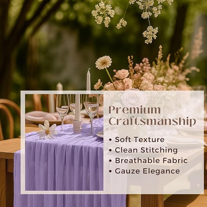 12 Pack Lilac Purple Cheesecloth Table Runner – 10FT x 12pcs Boho Gauze Table Runners for Spring Wedding, Birthday, Fairy Garden Bridal Shower Decor