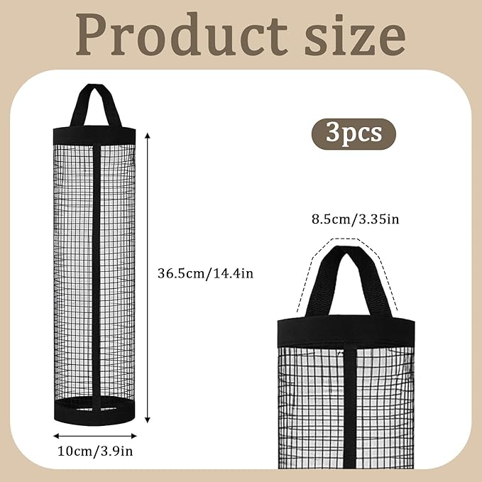 Thinp 3 Pcs Plastic Bag Holder, Grocery Bag Organizer Hanging Storage Dispensers Mesh Bags Dispenser Organizer Breathable Shopping Bags Storage for Home Kitchen Pantry (Black)