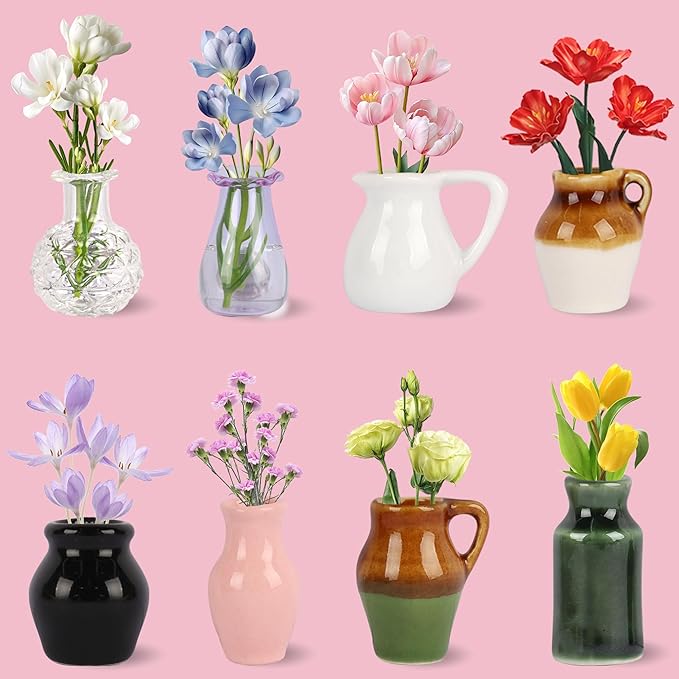 ZOYVUX Cute Ceramic Mini Vase Magnets for Fridge, Tiny Plant Vases with Flowers, Magnetic Refrigerator Decor for Kitchen, Office, Locker (8 Pack)
