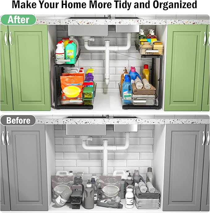 2 Pack Double Sliding Under Sink Organizers and Storage,Two Tier Bathroom Storage and organization,Under Cabinet Organizer, Clear