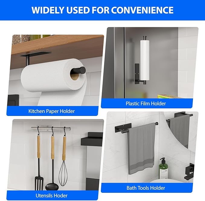 Paper Towel Holder Under Cabinet, Self-Adhesive,No Drilling, Stainless Steel, Wall-Mounted for Kitchen and Bathroom, Easy Install, Durable, Space-Saving, Ideal for Home, RV (Black, 2 Pack)