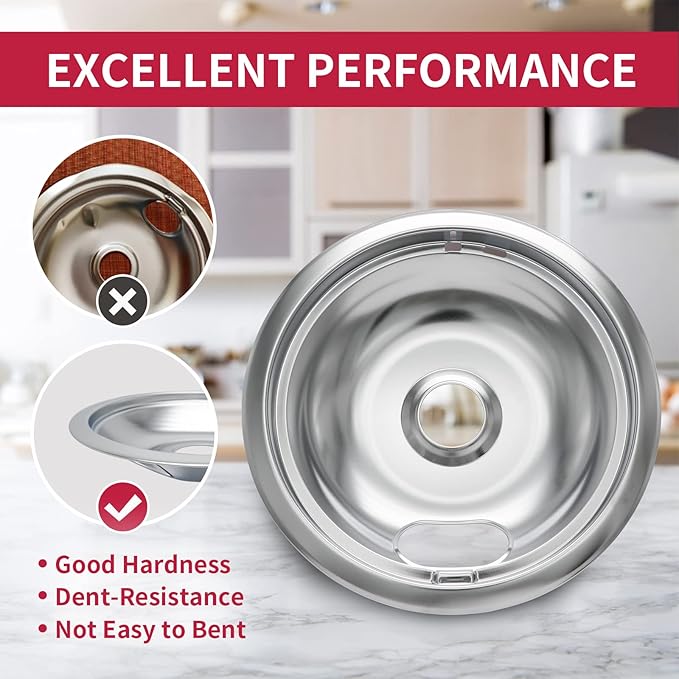 W10196405 W10196406 Stove Burner Drip Pans for Electric Stove Top-Compatible with Whirlpool Electric Range-Thickening to Prevent Bent-Set of 4 Chrome Drip Pans, Silver