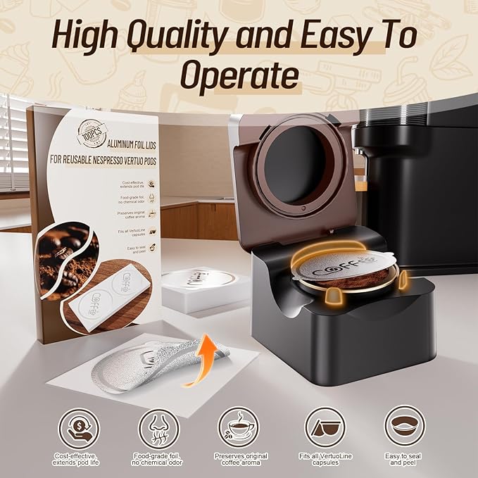 100 Pcs Aluminum Foil Seal Lids with Double Ear Tabs, Strong Sealing Performance, 3-Point Positioning Design for Reusable Nespresso Vertuo Coffee Pods Capsules