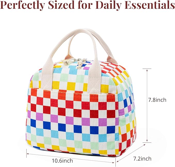 LOVELYWIND Insulated Lunch Bag for Women Men, Stylish Corduroy Tote Bag with Aluminum Lining, Large Capacity Reusable Cooler for Work, Travel, or Beach, Rainbow Plaid Lunch Box