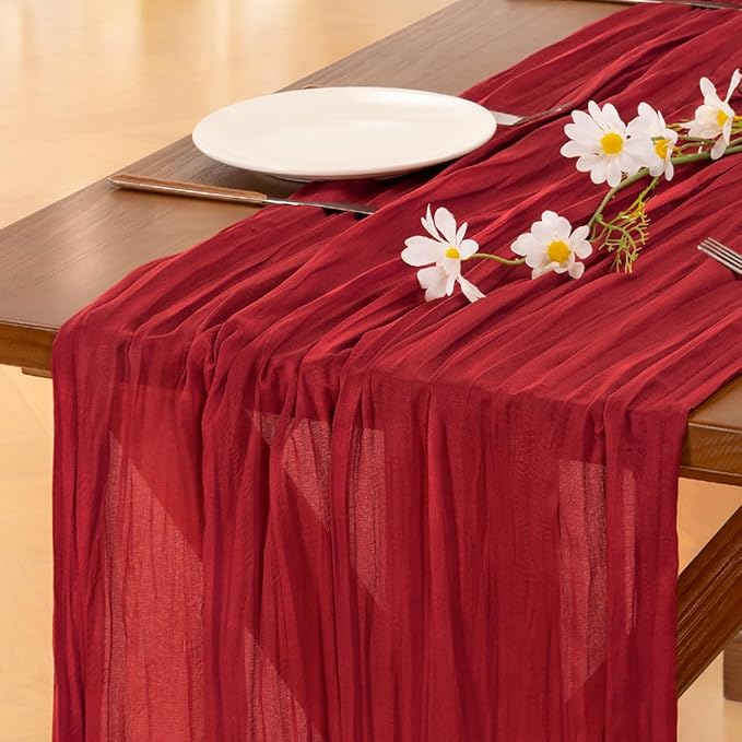 Socomi 3pcs Red Summer Cheesecloth Table Runner Boho Rustic Gauze 120 inch 10FT Cheese Cloth Sheer Runner for Wedding Party Baby Shower Birthday Home Decor Holiday Decorations