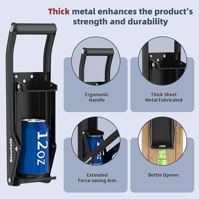 16 oz Can Crusher Wall Mounted | Heavy-Duty Thickened Steel | with Built-in Bottle Opener & Non-Slip Handle | Flattened Aluminum Can in Seconds | Space-Saving Recycling Tool for Home & Garage