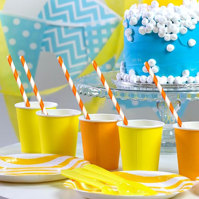 100 Packs Orange Biodegradable Striped Paper Straws, Disposable Drinking Straws for Birthday Carnival Summer Pool Party Wedding Baby Shower Halloween Christmas Party Decoration Supplies