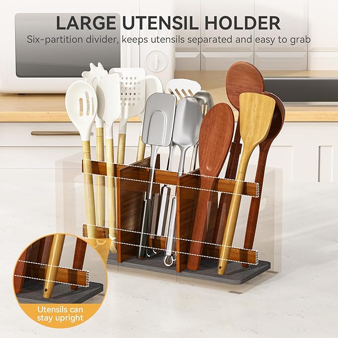 Yofidra Bamboo Utensil Holder & Silverware Organizer: Extra Large Cooking Holder with Absorbing Drying Stone and 6 Compartments Kitchen Countertop Storage Farmhouse Decor Accessories, Brown
