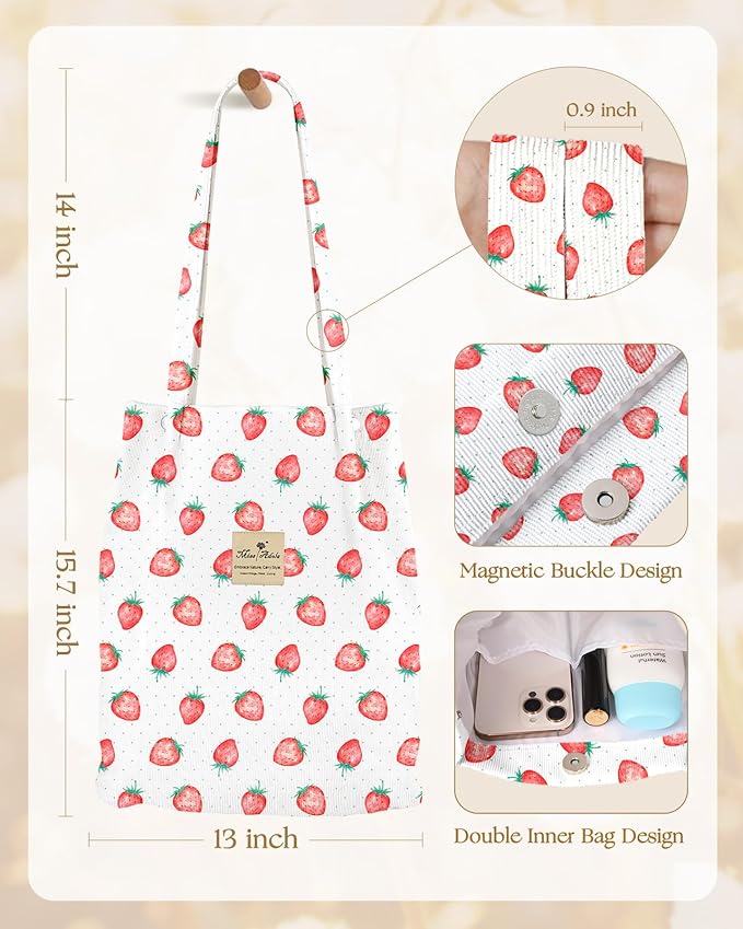 Miss Adola Corduroy Tote Bag for Women - Reusable Totes with Magnetic Buckle & Pocket Aesthetic Design Work Grocery Bags