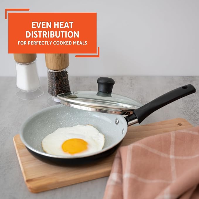 IMUSA 6.3” Gray Speckled Ceramic Mini Fry Pan with Glass Lid – PFAS Free Nonstick Small Skillet for Eggs, Mini Omelets, Crepes & Single Servings, Matte Black Exterior