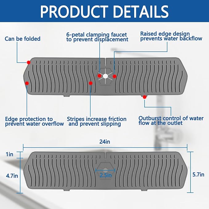 Kitchen Sink Splash Guard -24" x 5.8'' Silicone Sink Mat Splash Guard fit for Countertop, Bathroom,Farmhouse,RV by EBIGIC (Grey)