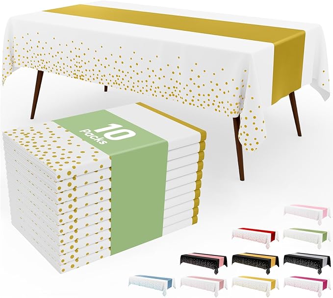 Smiry Plastic Table Cloth Disposable 10 Pack, 54 x 108 Inch Rectangle Waterproof Tablecloth, Printed Gold Table Runner Style for Birthday Weeding, Party Decorations, Leakproof & Sturdy, White and Gold