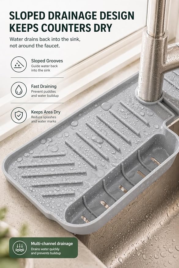 Silicone Kitchen Sink Splash Guard Faucet Mat with Deep Storage Trays,for Sponge Brush,Sloped Draining, Countertop Protector,For Tidy Homes,Renters,Bonus Sponge