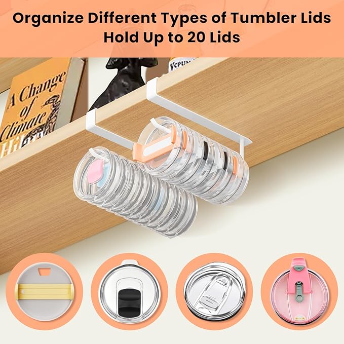 2 Pack Large Tumbler Lid Organizer, Under Cabinet Cup Lid Holder for Yeti Insulated Mug/Stanley Insulated Mug/Simple Modern Insulated Mug Lid, No Gluing, No Drilling, Up to 10 Lids (White)