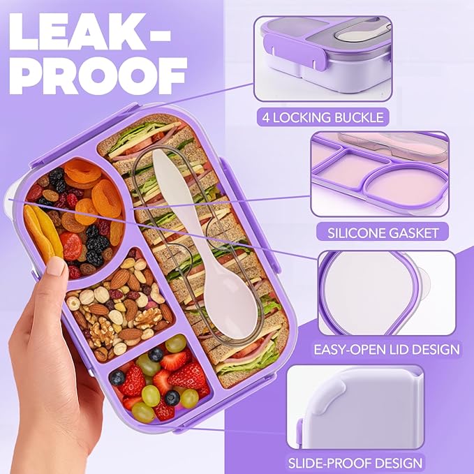 Bento Box for Adults,4 Compartments Lunch Box, Snack Containers Reusable Lunch Containers Drop-Proof, Dishwasher Safe & Made with BPA-Free Materials, Purple