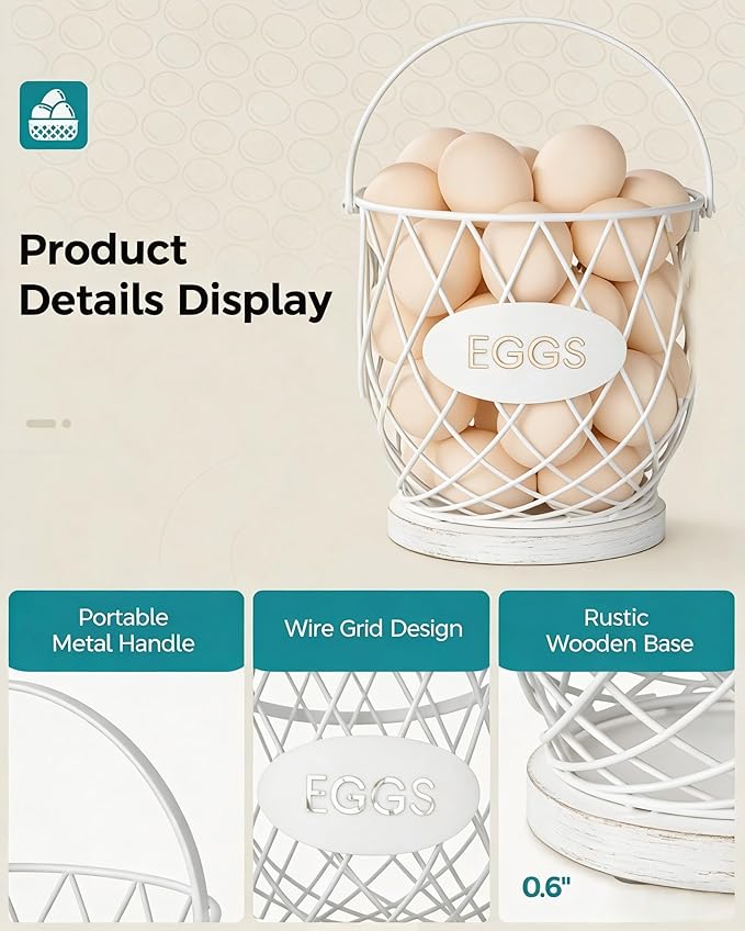 Chicken Egg Basket for Gathering Fresh Eggs with Metal Handle, Wire Egg Collecting Basket with Wooden Base, Round Egg Holder Countertop, Vintage Rustic Farmhouse Kitchen Decor Fruit Storage,White