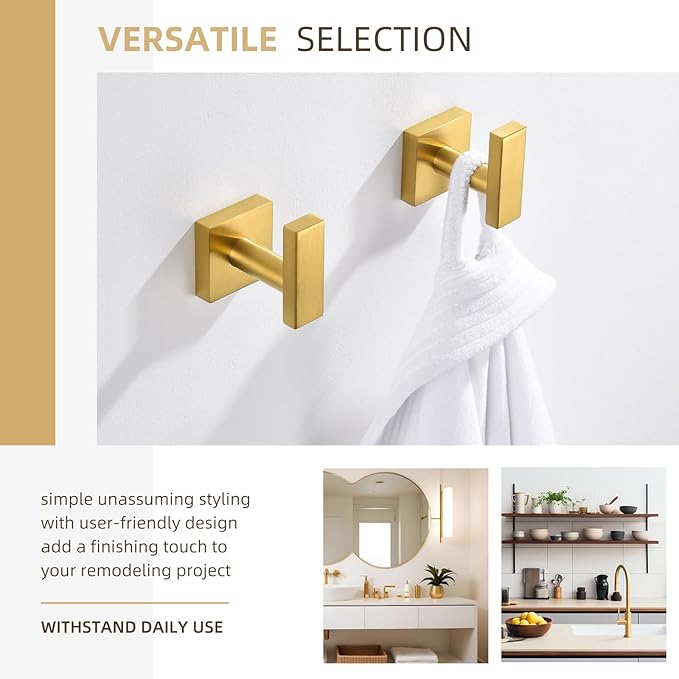 Angle Simple Towel Hooks for Bathroom, SUS304 Stainless Steel Square Robe Coat Wall Hooks, Hand Towel Holder, Brushed Dark Gold, 2 Pack
