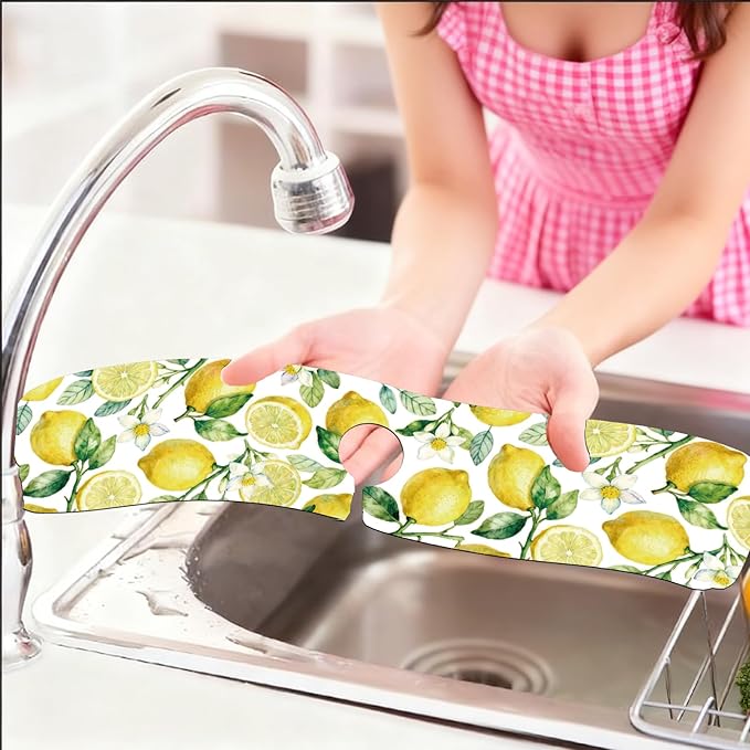 2 Pcs Kitchen Sink Splash Guard Faucet Mats Lemon Pattern Faucet Mat for Sinks Fruit Absorbing Drying Mat for Kitchen Bathroom, 23.6x5.5inch