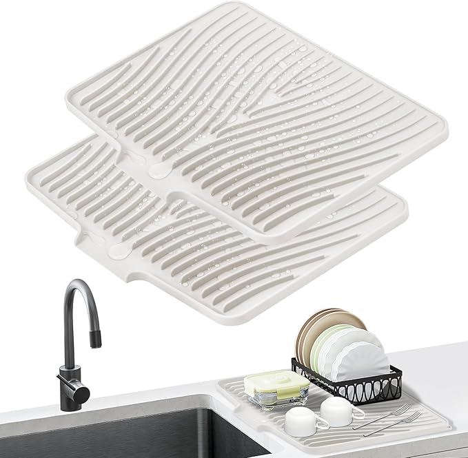 Silicone Dish Drying Mat, Stone Drying Mat for Kitchen Counter with Built-In Drain, Non-Slip Drain Pad with Built-in Drain, Heat Resistant Stone Drying Mat, Cream-2pcs, 16" x 12"