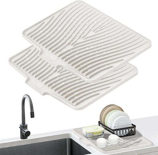 Silicone Dish Drying Mat, Stone Drying Mat for Kitchen Counter with Built-In Drain, Non-Slip Drain Pad with Built-in Drain, Heat Resistant Stone Drying Mat, Hangable, Cream-2pcs, 20" x 15"