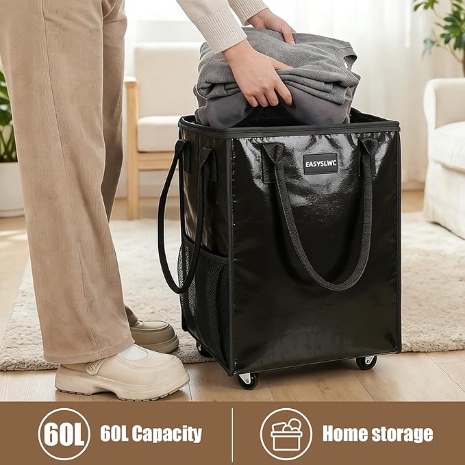 Reusable Hauler Rolling Tote Bag, Collapsible Portable Shopping Cart with Wheels for Groceries, Apartments Laundry, Organization , Heavy Duty Utility Tote, Basket with Wheels, Travel and Moving, 75lbs