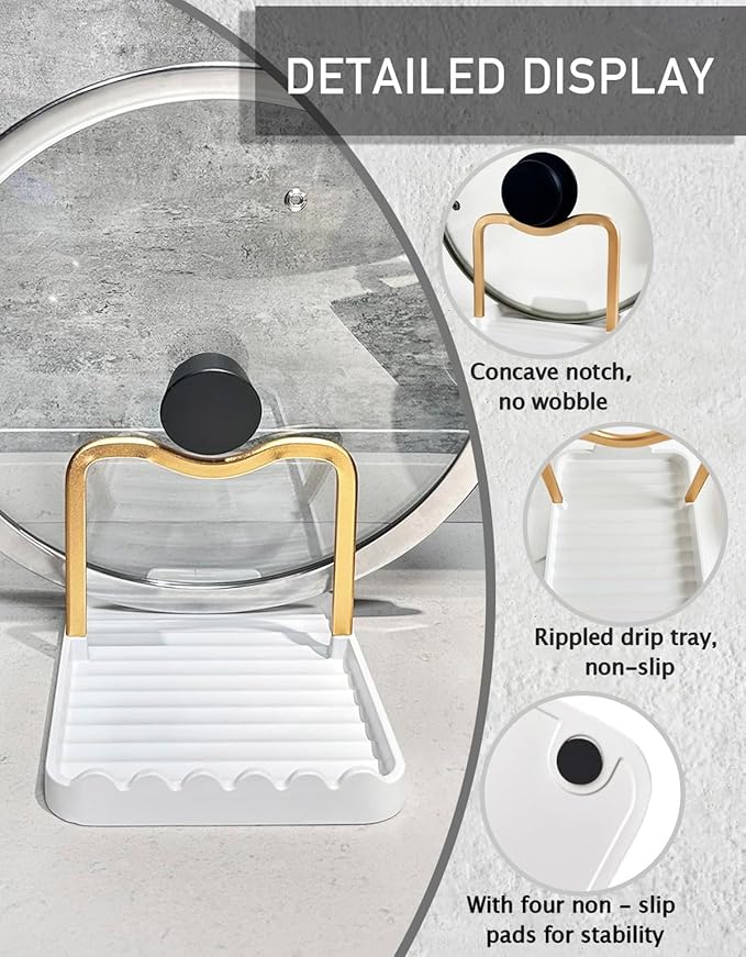 Anti-Rust Metal Spoon Rest with Lid Holder, Heat-Resistant Pot Lid Rest, Multifunctional Spatula Holder While Cooking for Stovetop and Kitchen Counter – Gold White