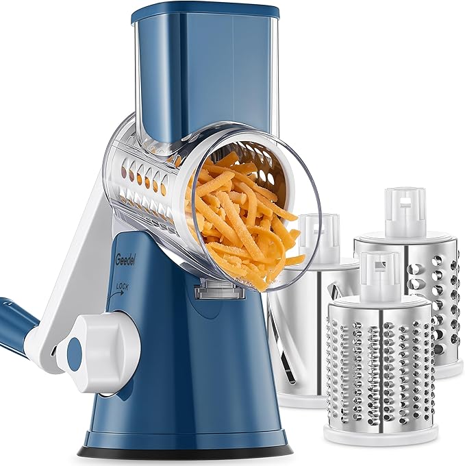 Geedel Rotary Cheese Grater, Kitchen Mandoline Vegetable Slicer with 3 Interchangeable Blades, Easy to Clean Rotary Grater Slicer for Fruit, Vegetables, Nuts
