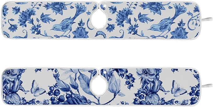 Sink Mat for Faucet Sink Splash Guard Faucet Handle Drip Catcher for Kitchen Bathroom Absorbent Microfiber Dish Drying Mat Blue and White 2pcs