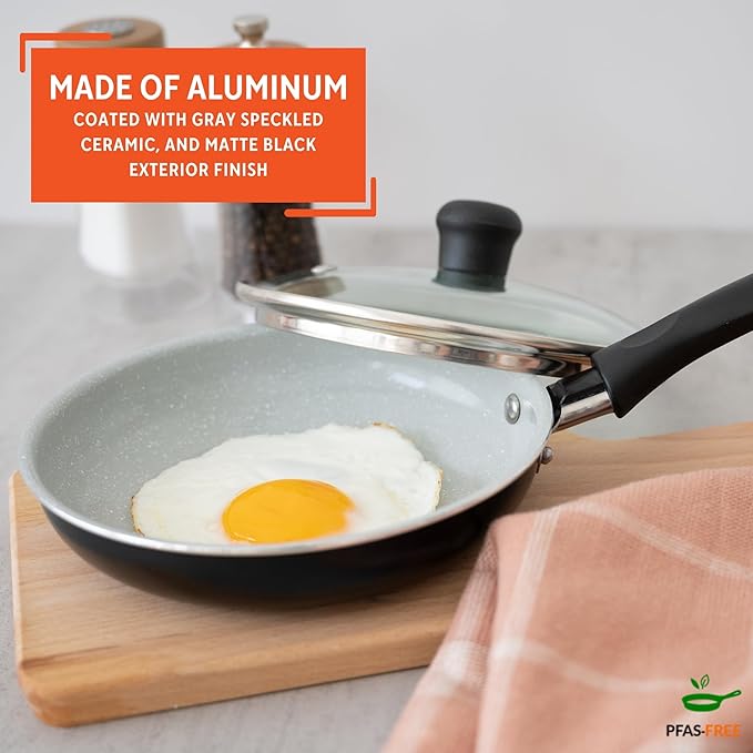 IMUSA 6.3” Gray Speckled Ceramic Mini Fry Pan with Glass Lid – PFAS Free Nonstick Small Skillet for Eggs, Mini Omelets, Crepes & Single Servings, Matte Black Exterior