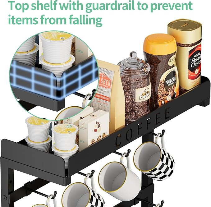 Coffee Mug Holder Wall Mounted with 12 Movable Hooks, Metal Coffee Cup Holder with Top Shelf, Mug Rack Wall Mount for Home Kitchen Display and Collection