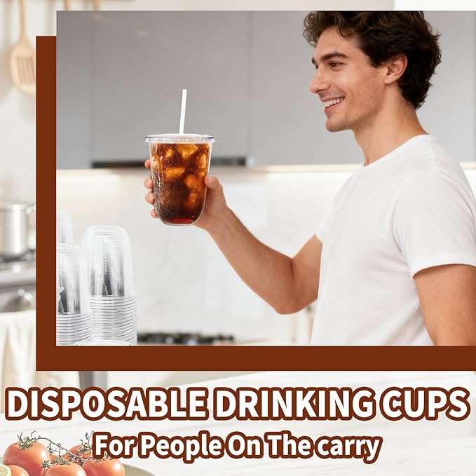 Alaeseje 100 Pack Clear Plastic Cups with Lids and Straws,16 oz Disposable Iced Coffee Cups,PET Crystal Cups,Round Bottom To Go Cup for Iced Coffee Juice Smoothie Cold Beverage