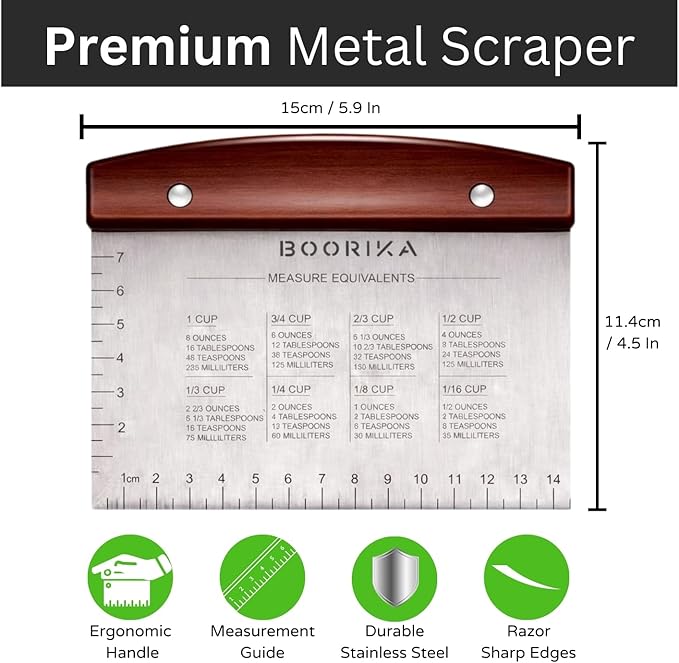 BOORIKA Dough Scraper & Bench Scraper Kitchen – Stainless Steel Sourdough Tools – Dough Cutter for Sourdough Bread, Pizza, and Flat Top Griddles – Chef Approved (Dark)