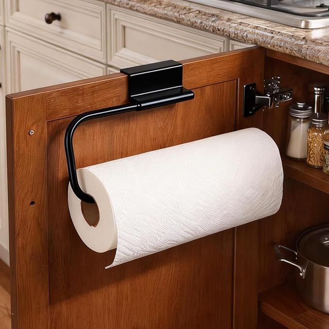 Over Cabinet Door Paper Towel Holder for Kitchen Cabinet Stainless Steel, Under Sink No Drilling Roll Dispenser for RV, Black