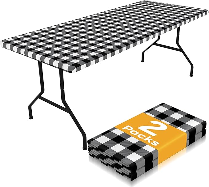 Smiry Picnic Table Cloth 2 Pack, Waterproof Elastic Fitted Tablecloths for 24x48 Rectangle Tables, Washable Polyester Buffalo Plaid Tablecloth for Camping, Dining & Outdoor (Black & White, 24" x 48")