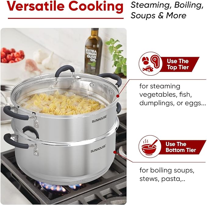 SUNHOUSE Stainless Steel Steamer Pot for Cooking - 6.3 QT Steaming Pot with Glass Lid & Steamer Basket - 2 Tier Tri-ply Vegetable Steamer with Stay-Cool Silicone Handles - Induction Compatible