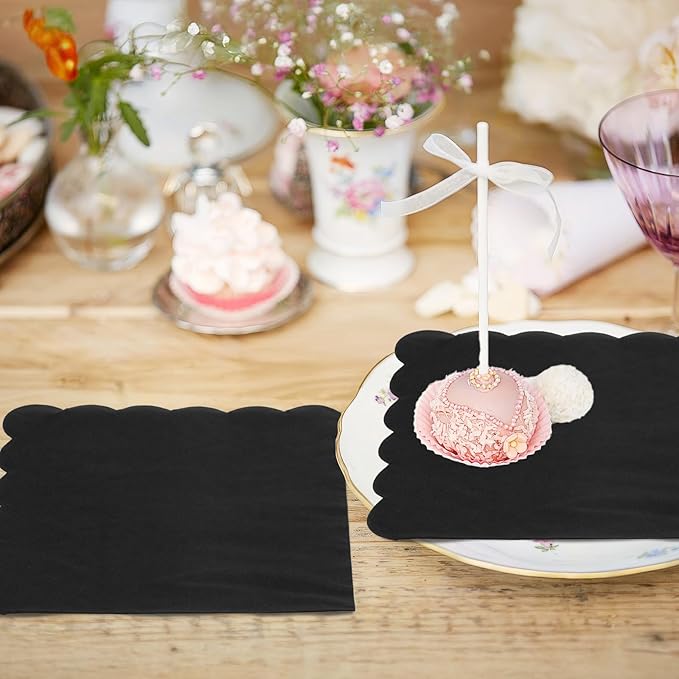 100 Pcs Cocktail Napkins, 2-Ply 5 x 5 Inches Disposable Scalloped Napkins, Thick Premium Dessert Napkins for Party, Wedding, Dinner, Birthday, Anniversary, Festival (Black)