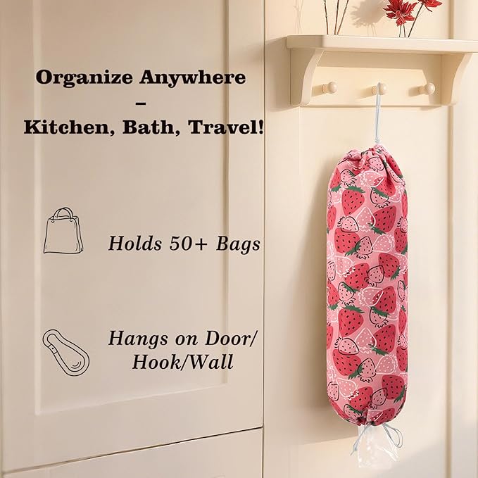Strawberry Grocery Plastic Bag Holder and Dispenser,Farmhouse Home Decor,Reusable Grocery Accessories Organizer,Garbage Shopping Trash Bags Storage for Kitchen,Gifts for Women Family (Strawberry2)
