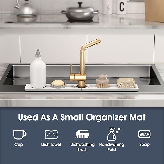 Quick Drying Stone Faucet Mat for Kitchen Sink - Diatomite Sink Mat Absorbing Stone Tray for Bathroom Counter, Sink Faucet Splash Guard Water Protector Matt for Kitchen Counter(White, 14" x 3.9")