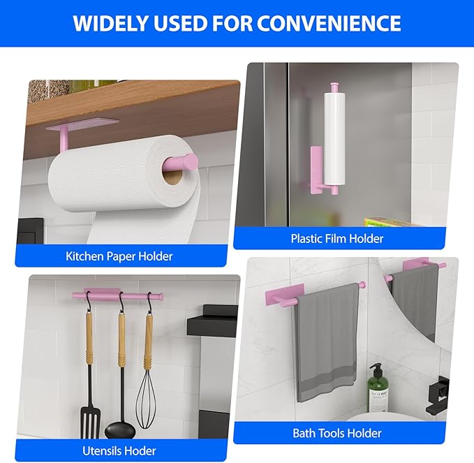 Paper Towel Holder Under Cabinet, Self-Adhesive,No Drilling, Stainless Steel, Wall-Mounted for Kitchen and Bathroom, Easy Install, Durable, Space-Saving, Ideal for Home, RV (Pink, 2 Pack)