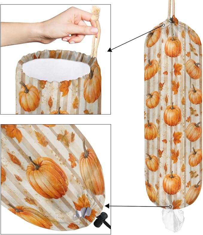 Plastic Bag Holder Thanksgiving Autumn Fall Pumpkin Wall Mount Grocery Bag Holder Wasgable Plastic Bag Dispenser Garbage Bag Organizer for Home Kitchen Decor, Gifts for Women Mom Family Friends