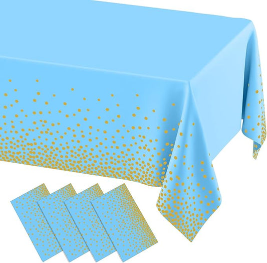 misaya 4 Packs Dot Disposable Table Cloth, 54 x 108 Inch Waterproof Plastic Tablecloth, Rectangle Gold Dots in Light Blue Table Covers for Picnic, Birthday, Party