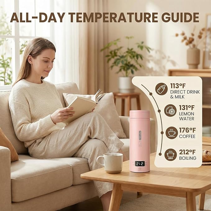 Pink Portable Electric Kettle forTravel, Small Hot Water Kettle with NTC Temperature Control and Auto Shut-Off, 316 Stainless Steel, Green 120V & 15oz