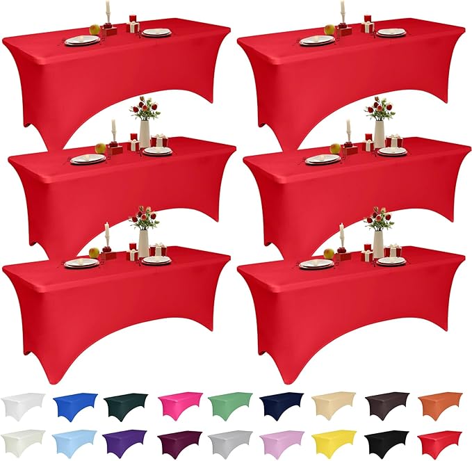 6 Pack 4 Feet Red Spandex Tablecloth for Rectangular Tables, Fitted & Stretch, Washable, Wrinkle Resistant, Perfect for Event, Wedding, Party, Banquet, Cocktail, Festival, and Table Protector