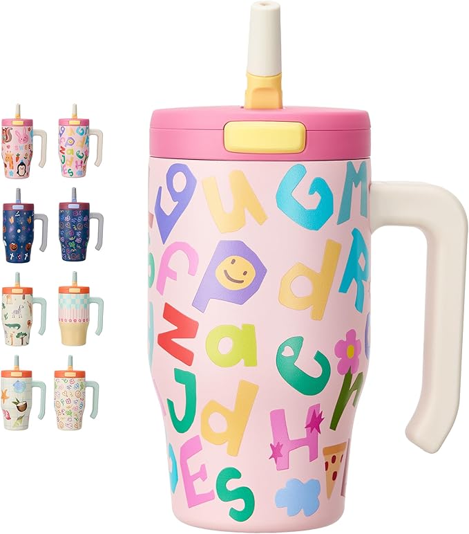 Fijinhom 18 oz Toddler Tumbler with Handle, Stainless Steel Insulated Water Bottle Coffee Mug with Straw, Toddler Cups, Kids Water Bottle for School, Sports, Travel, Rosy Letter Crew