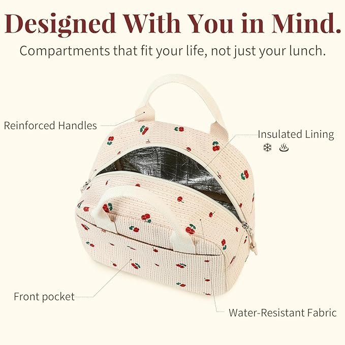 LOVELYWIND Insulated Cherry Lunch Bag for Women, Stylish Corduroy Tote with Aluminum Lining, Large Capacity Reusable Cooler for Work, Travel, Beach or Picnic, Beige Cream Water-Resistant Lunch Box