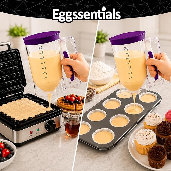 Eggssentials – Batter Dispenser Mess-Free, Squeeze Handle, Cupcakes, Waffles & More – Durable, Easy-Pour Pancake Dispenser Bottle for Smooth Baking