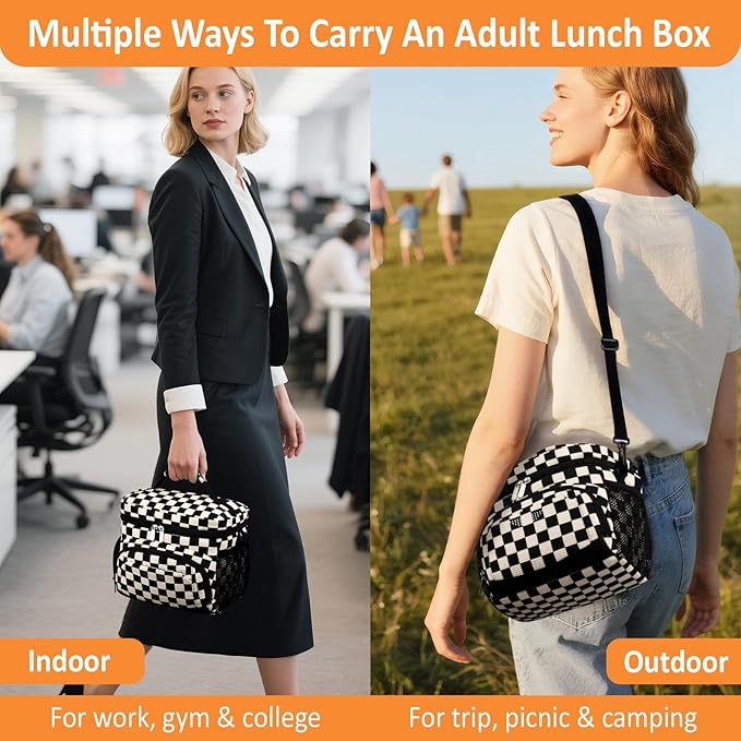 Vankor Insulated Lunch Bag for Men Women, Reusable Lunch Box Leakproof Cooler Lunch Tote Bag with Adjustable Shoulder Strap for Work Office Picnic Beach Travel, Corduroy Black White Checkered