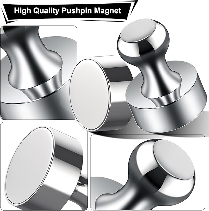 Metallic Magnets, Refrigerator Magnets, 24 Pack Silver Magnetic Push Pins, Strong Fridge Magnets, Multi-use Whiteboard Magnets Perfect for Kitchen Office Classroom
